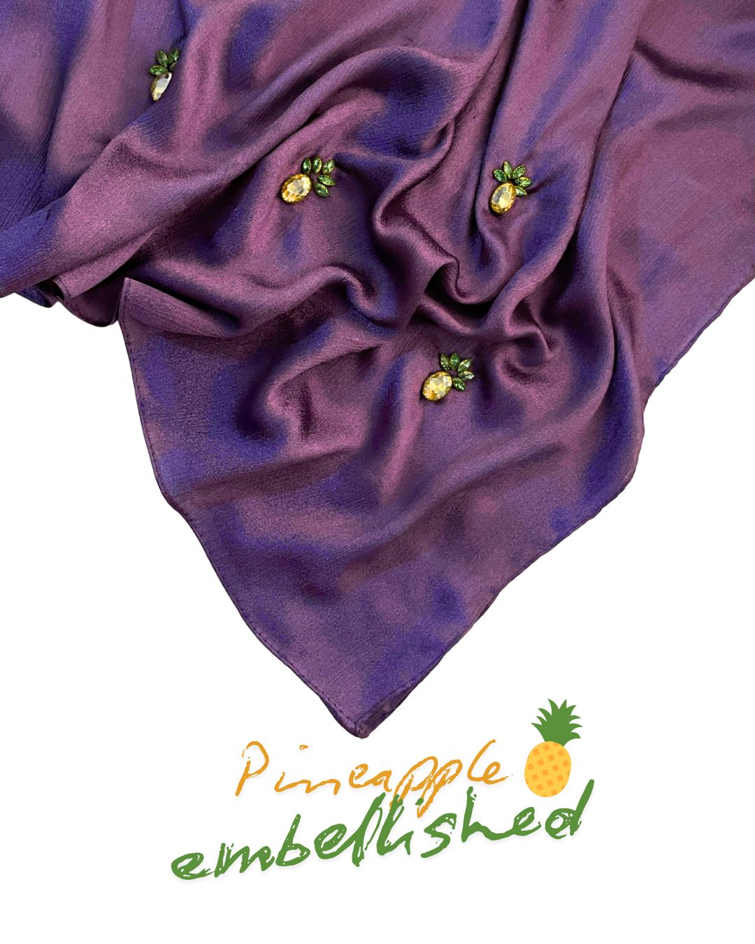 Purple Shine Silk Scarf with Yellow & Green Pineapple Embellishments