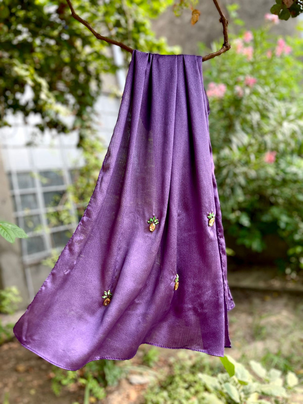 Purple Shine Silk Scarf with Yellow & Green Pineapple Embellishments