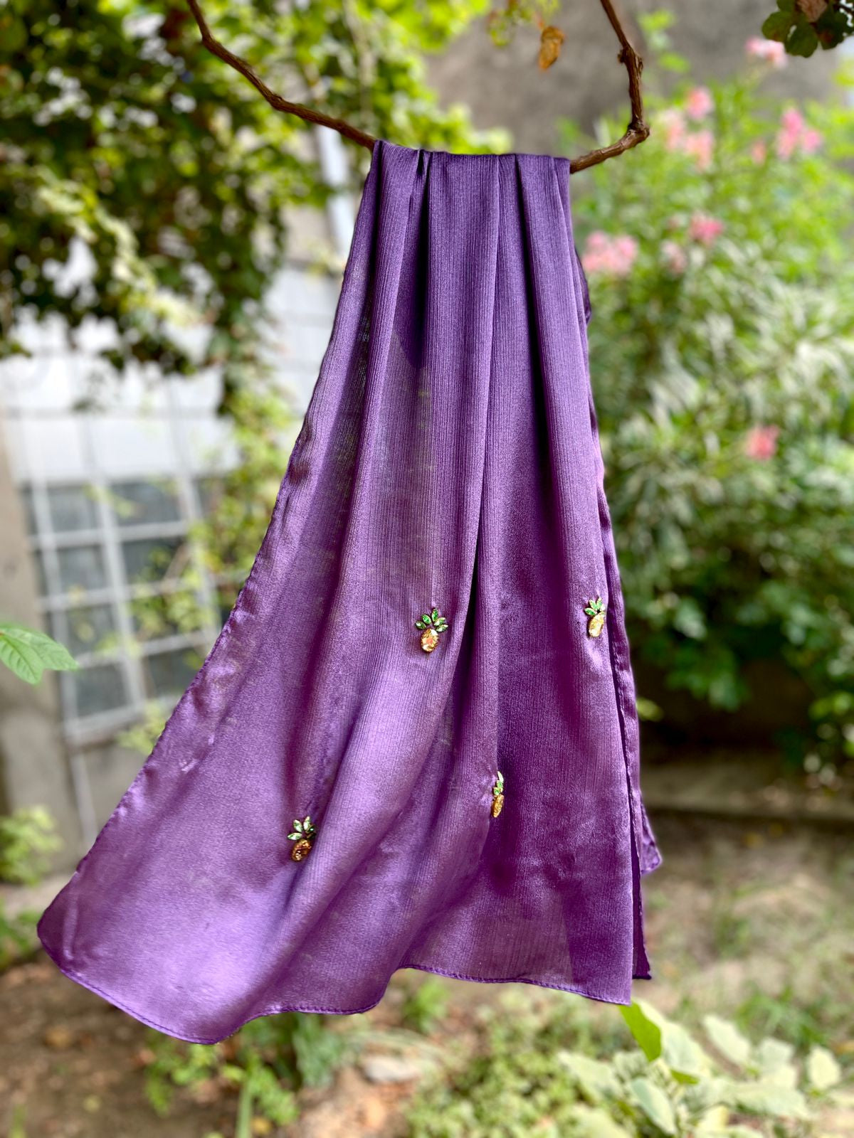 Purple Shine Silk Scarf with Yellow & Green Pineapple Embellishments