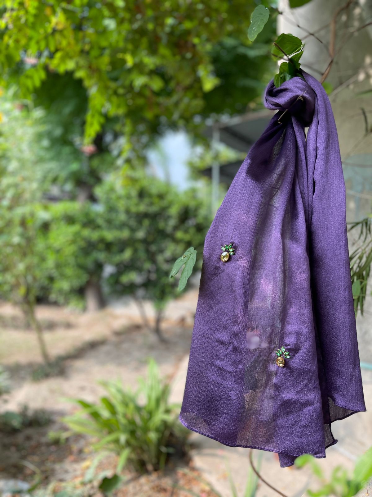Purple Shine Silk Scarf with Yellow & Green Pineapple Embellishments