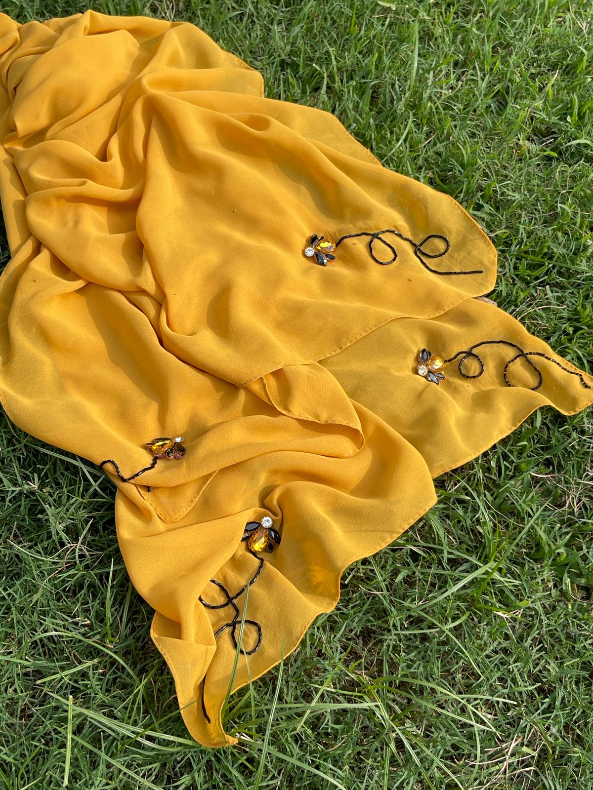 Mustard Georgette Scarf with Yellow & Black Honey Bee Embellishments