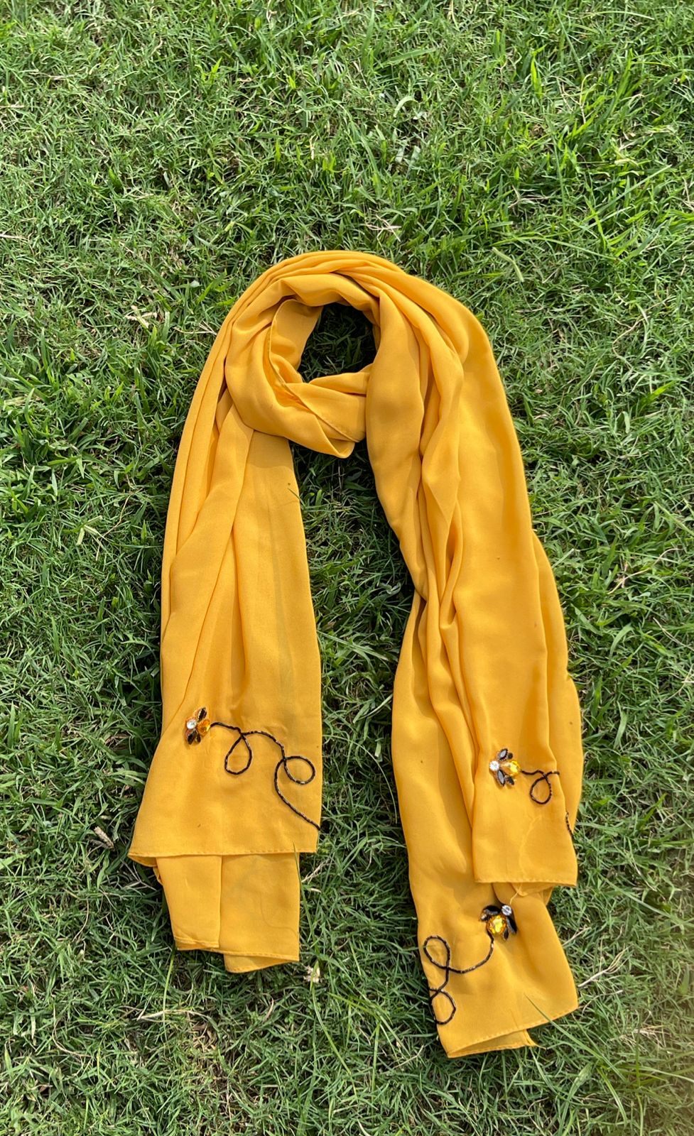 Mustard Georgette Scarf with Yellow & Black Honey Bee Embellishments