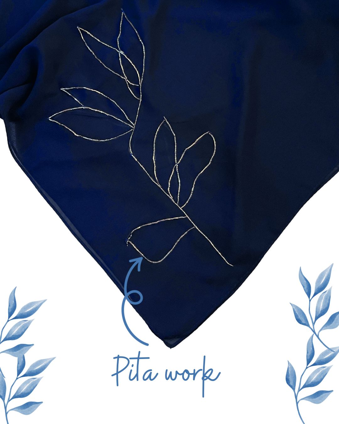 Navy Blue Scarf with Elegant Silver Pita Work