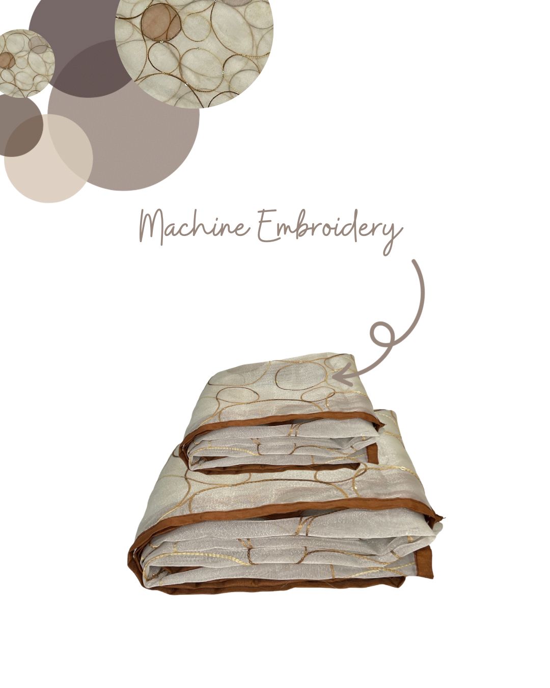 White & Brown Organza Scarf with Machine Embroidery