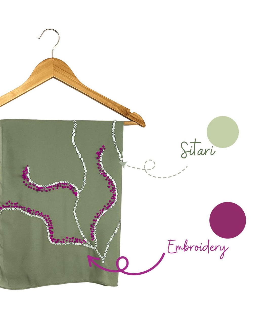 Pastel Green Georgette Scarf with Pink Bail Embroidery & Sitari Work