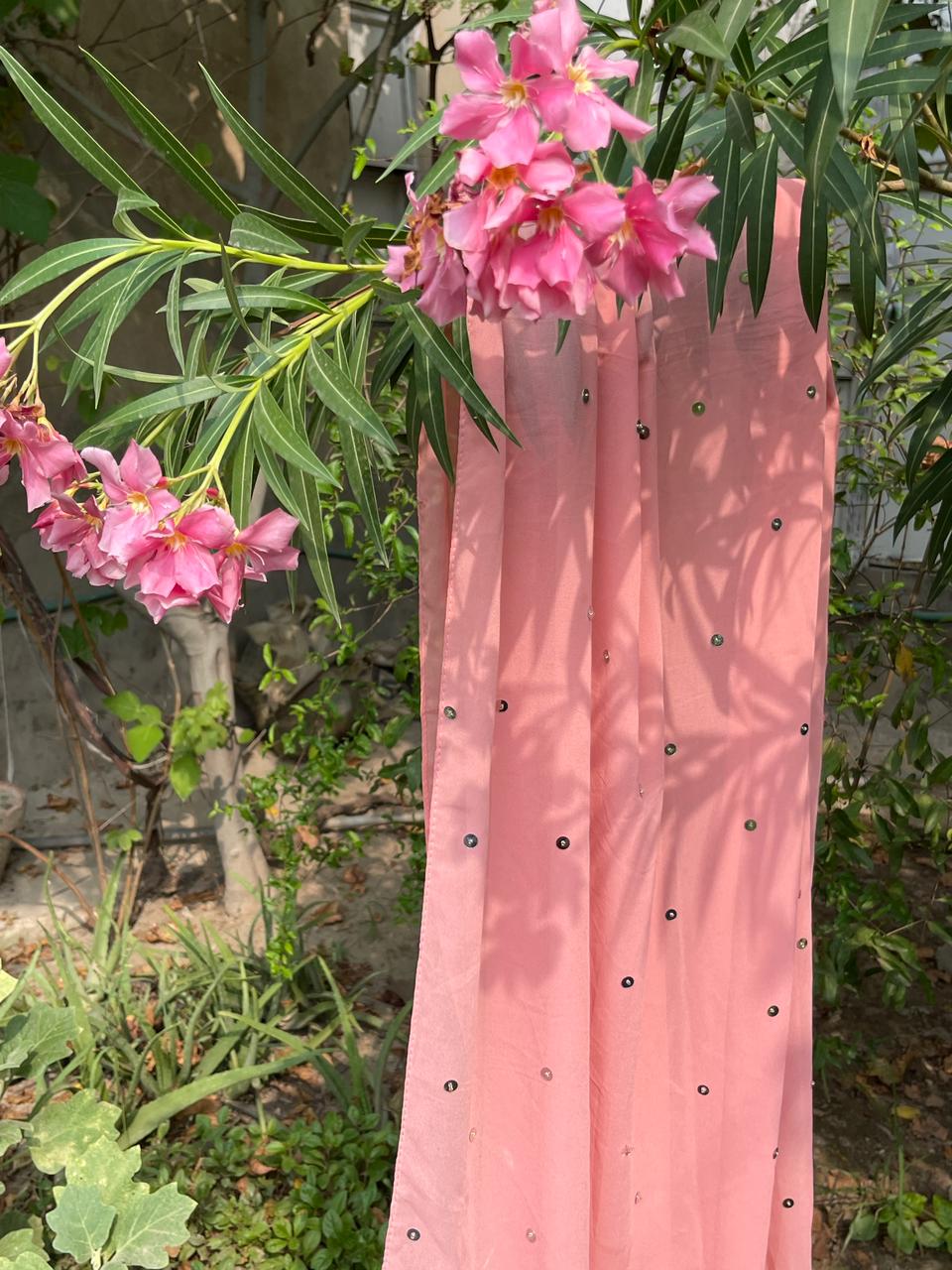 Pink Scarf with All-Over Golden Sitara Embellishments