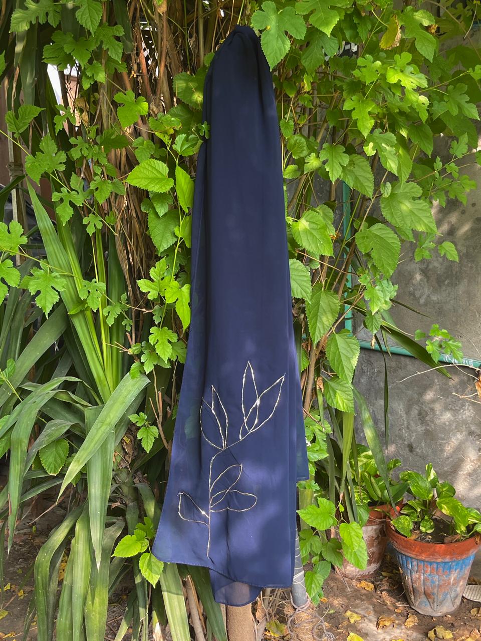Navy Blue Scarf with Elegant Silver Pita Work
