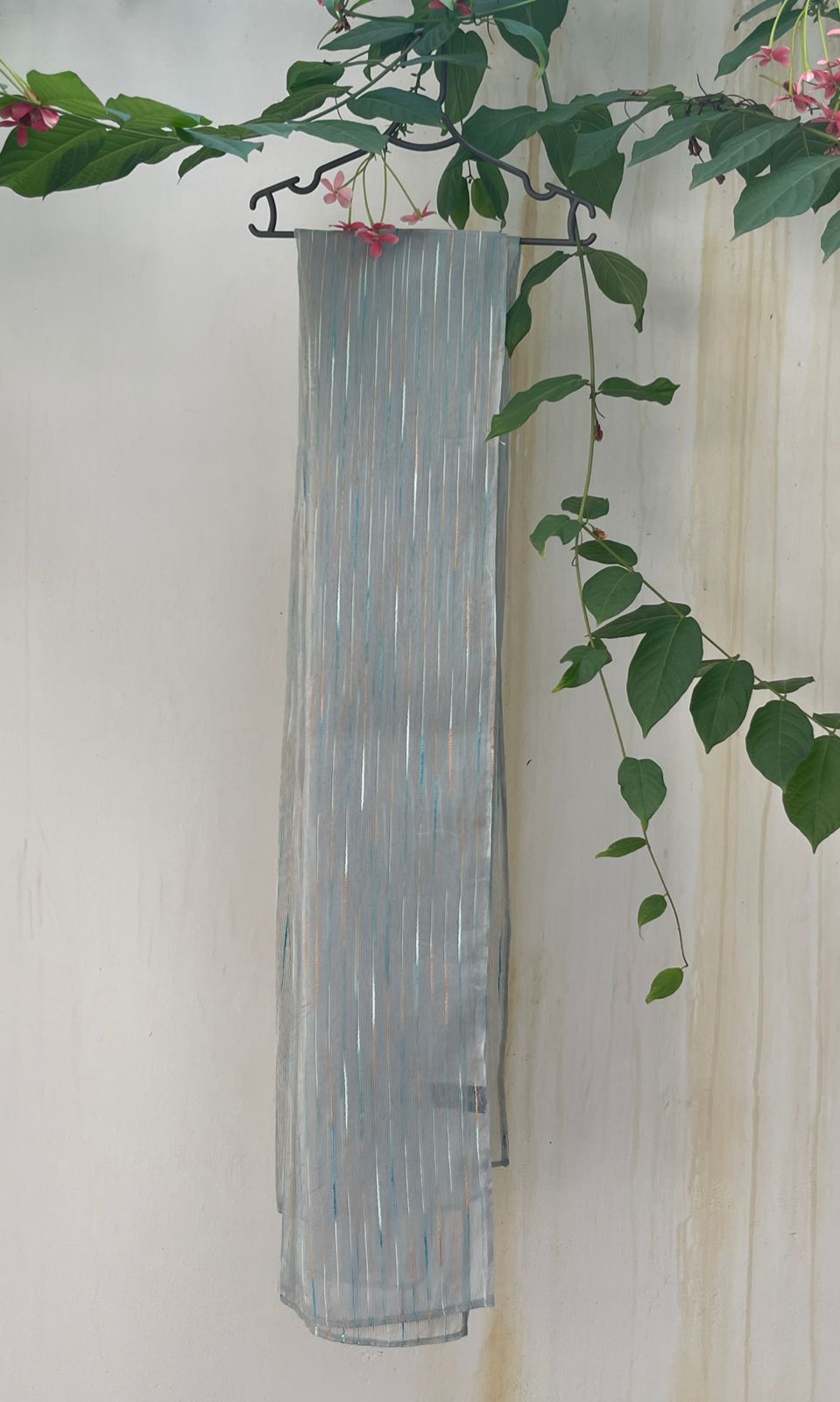 Sky Blue Tissue Scarf with White, Beige & Blue Embroidery – Elegant Sheer Wrap by Hayaam