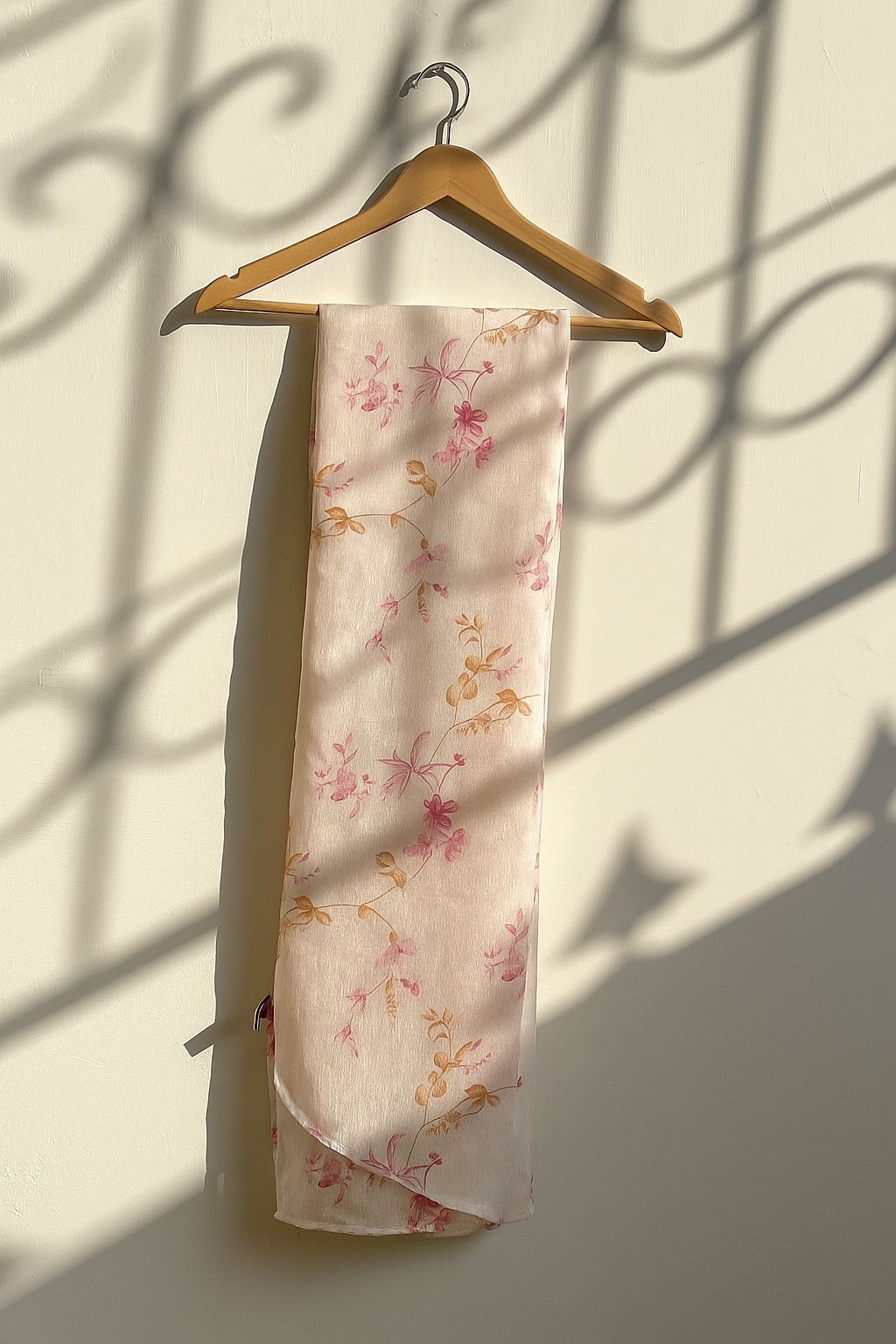Pink Petals on Off-White Cotton Scarf – Floral Printed Wrap by Hayaam