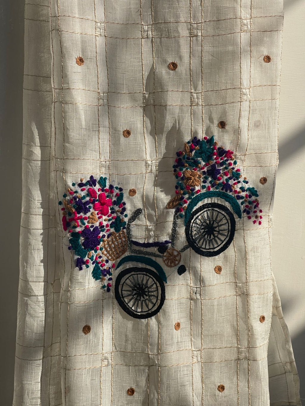 Tarkashi Cotton Scarf with Multicolour Embroidered Bicycle Borders