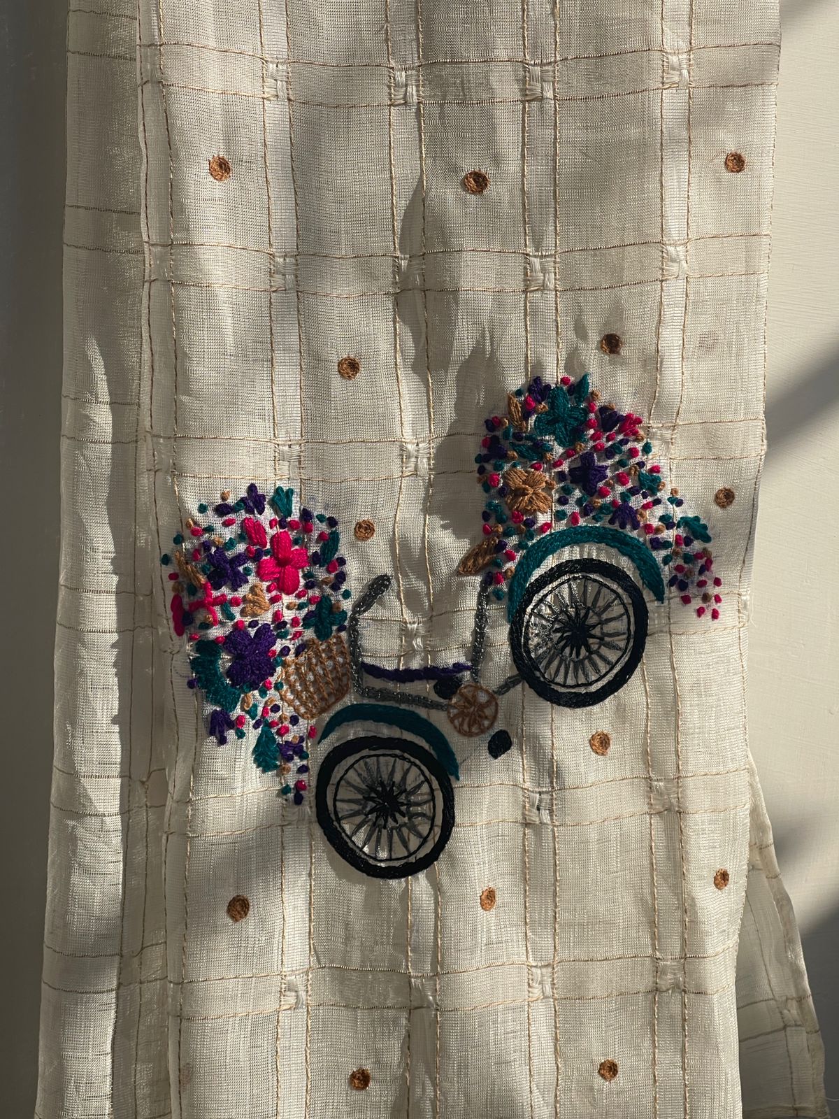 Tarkashi Cotton Scarf with Multicolour Embroidered Bicycle Borders