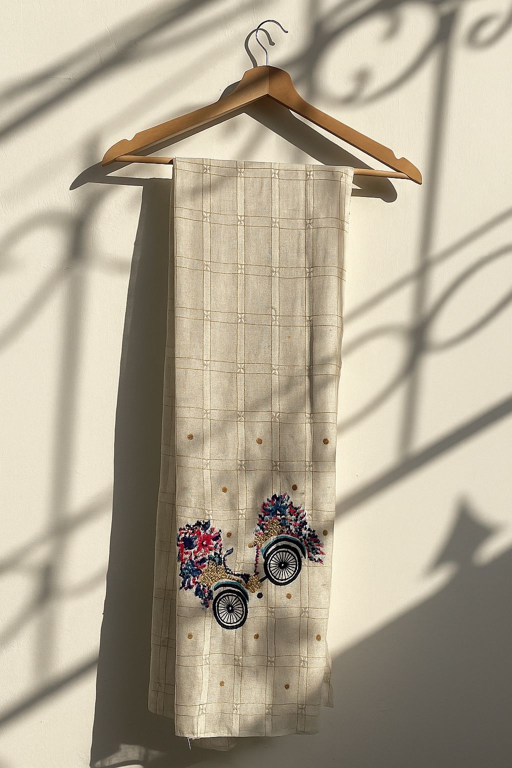 Tarkashi Cotton Scarf with Multicolour Embroidered Bicycle Borders