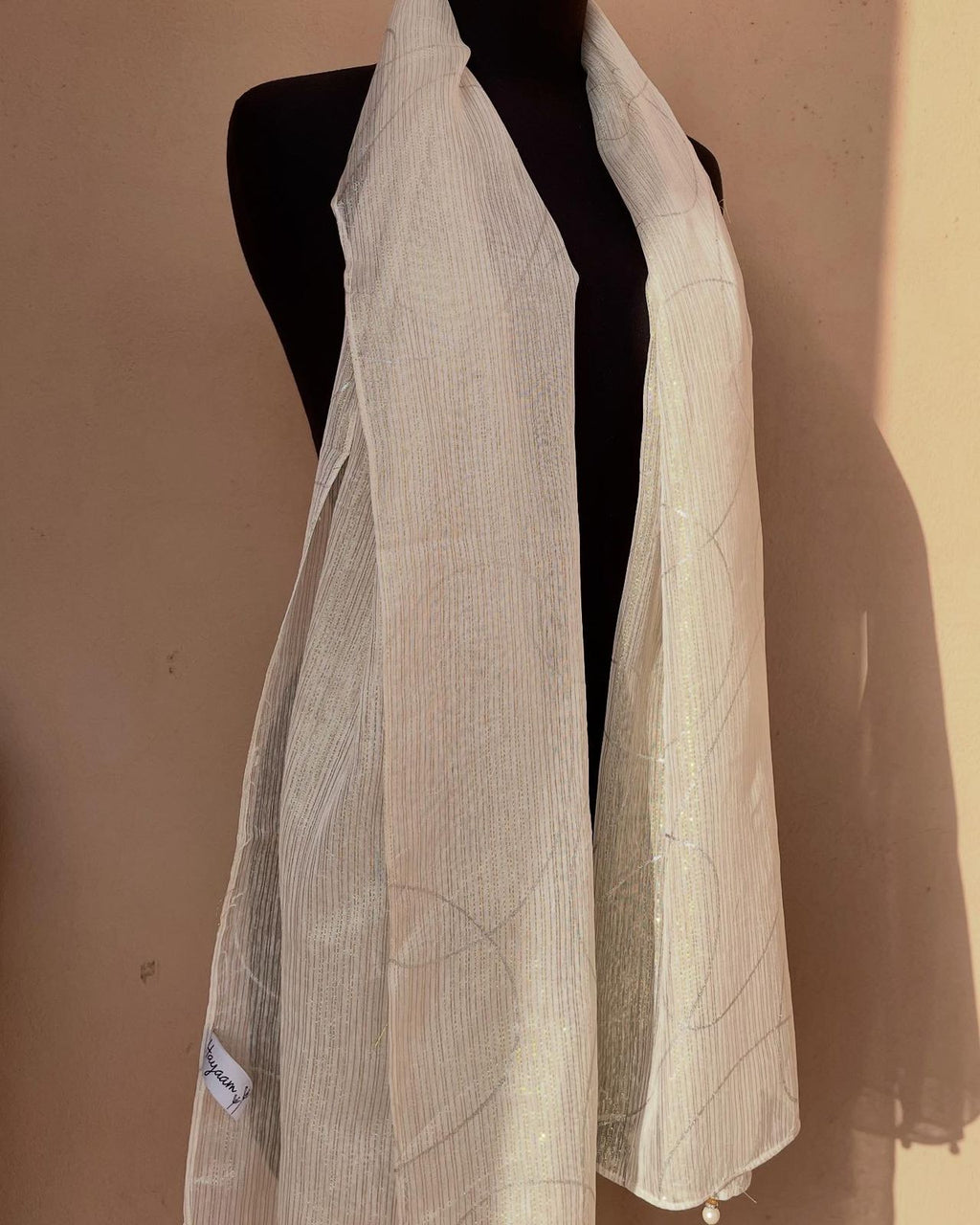 White Chiffon Zari Scarf with Golden & Silver Embroidery and Pearl Border – Elegant Wedding & Party Wear