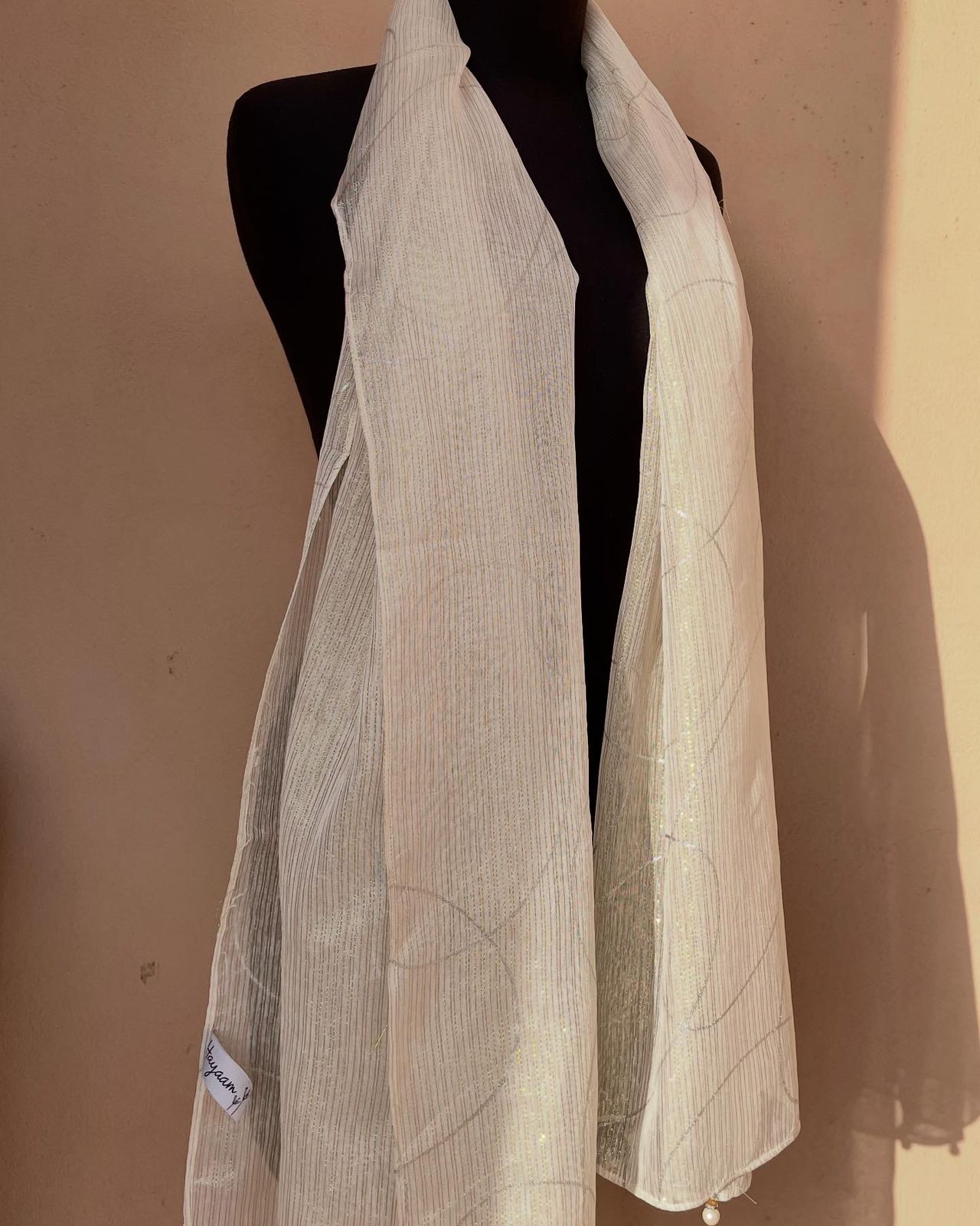 White Chiffon Zari Scarf with Golden & Silver Embroidery and Pearl Border – Elegant Wedding & Party Wear