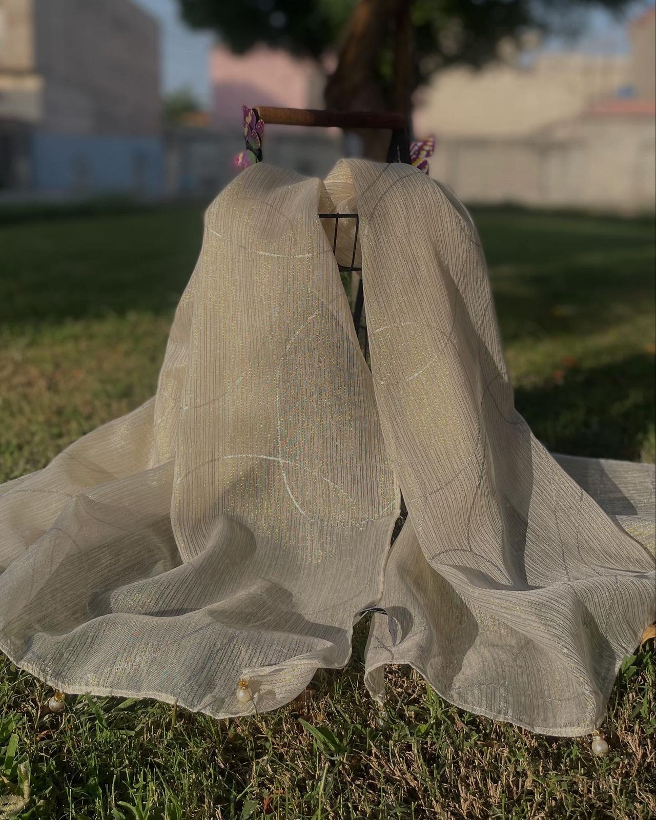White Chiffon Zari Scarf with Golden & Silver Embroidery and Pearl Border – Elegant Wedding & Party Wear