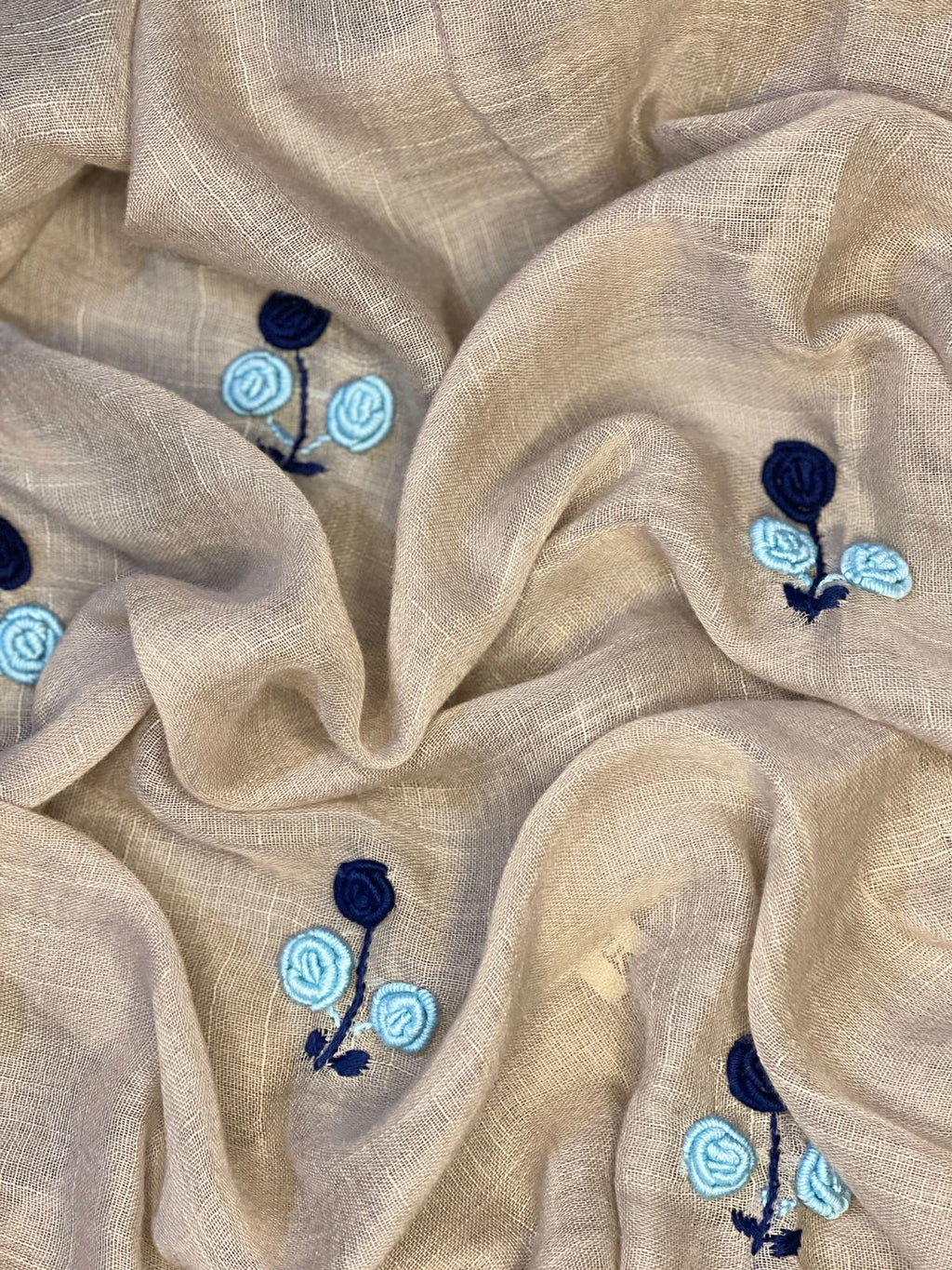 Beige Lawn Scarf with Navy Blue & Sky Blue Floral Embroidery – Elegant & Lightweight