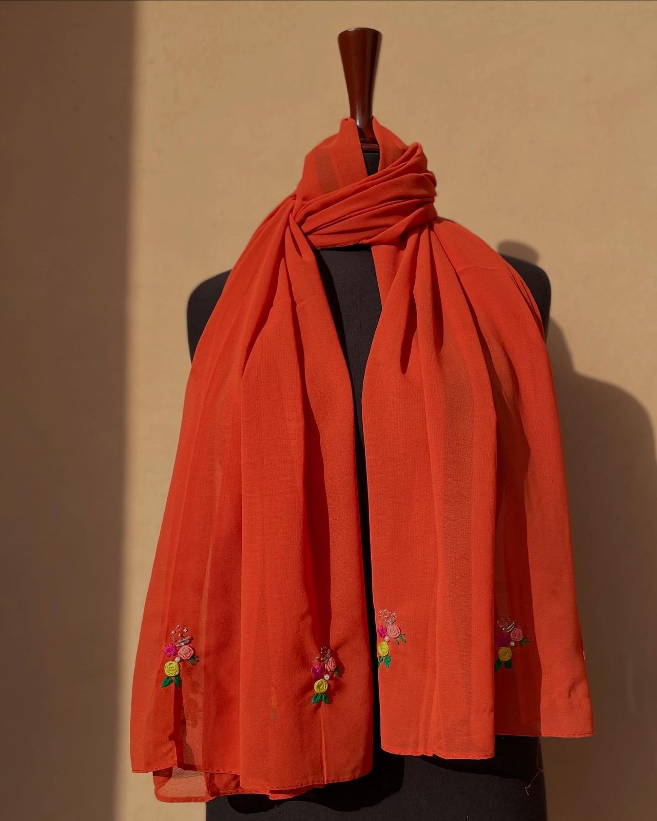 Rust Floral Scarf with handembroided Pink & Yellow flowers with Green Leafy Motifs on Borders – Elegant Luxury scarf by Hayaam