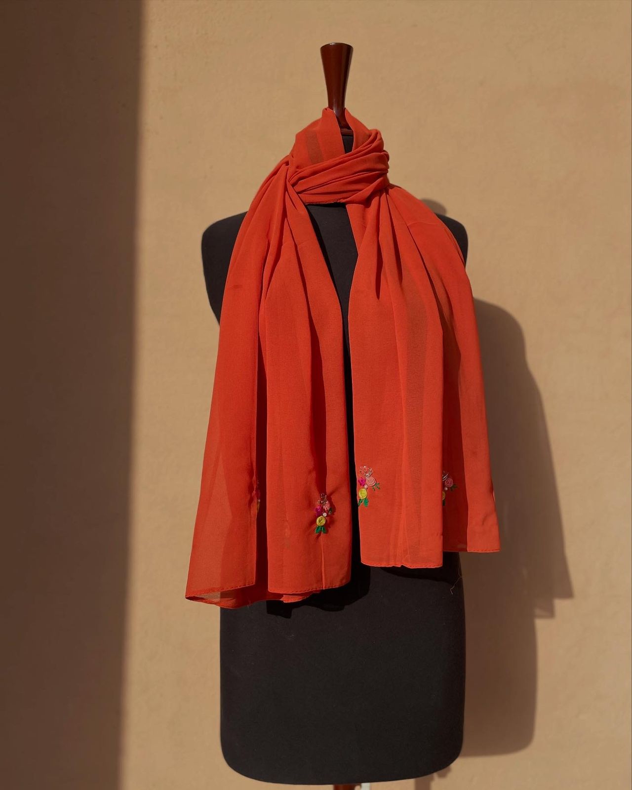 Rust Floral Scarf with handembroided Pink & Yellow flowers with Green Leafy Motifs on Borders – Elegant Luxury scarf by Hayaam
